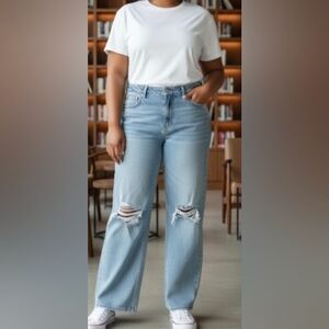 Hollister Women's Low Rise Baggy Light Blue Distressed Wide Leg Jeans